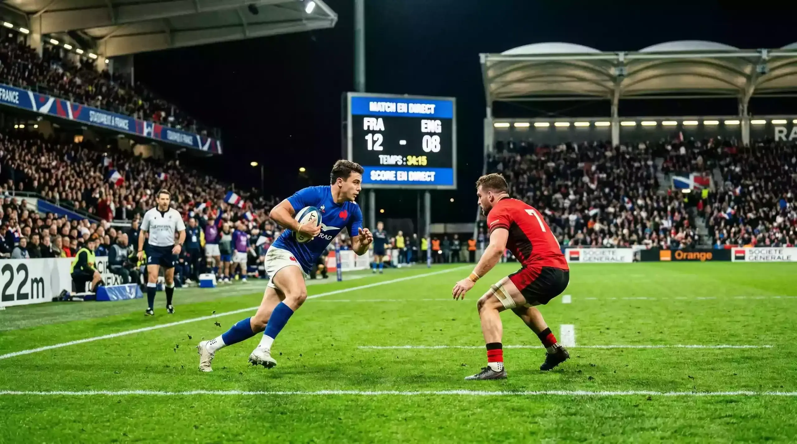 Estadio de rugby durante partido nocturno con marcador electrónico