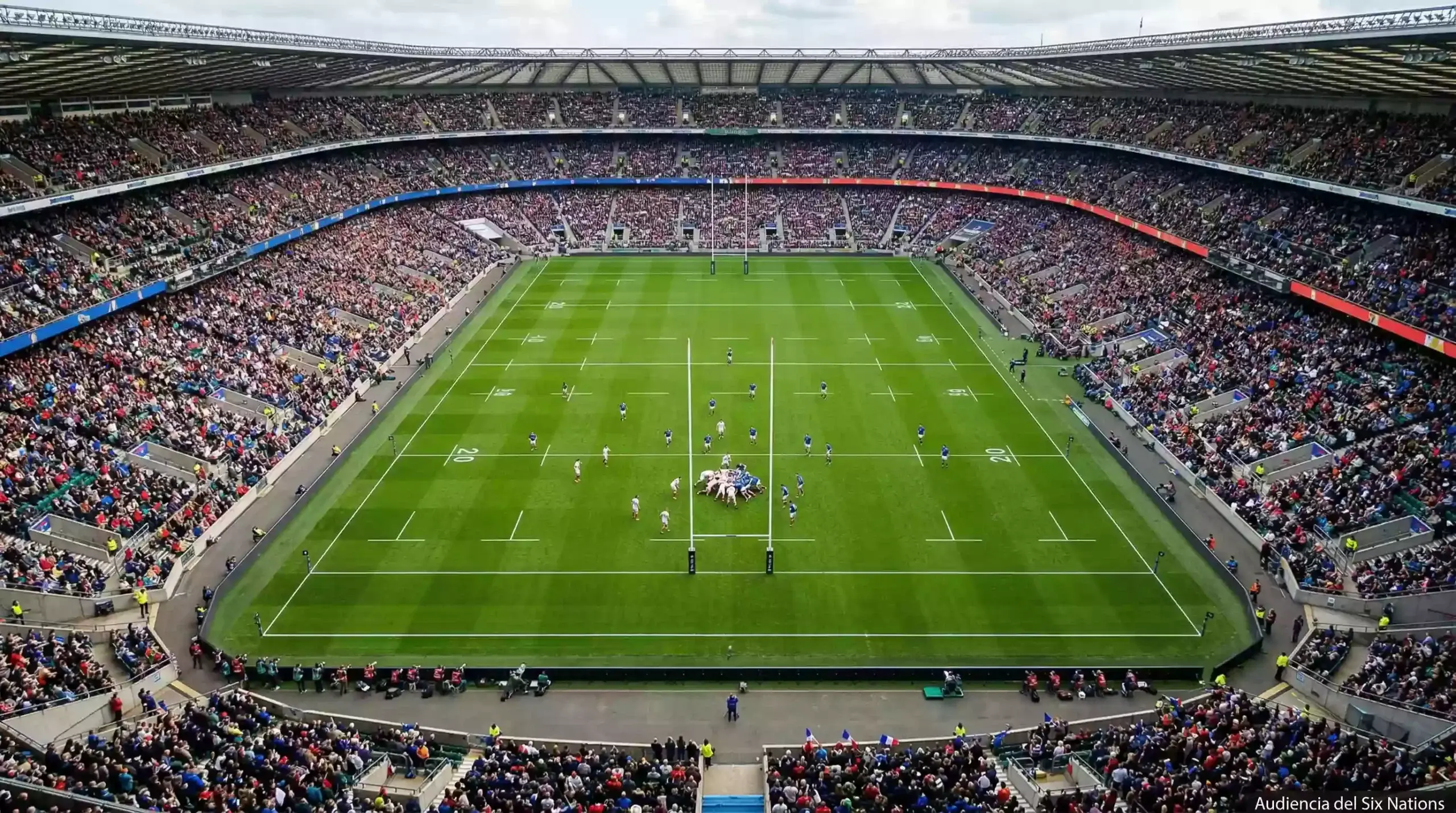 Estadio de rugby lleno de aficionados durante partido del Six Nations