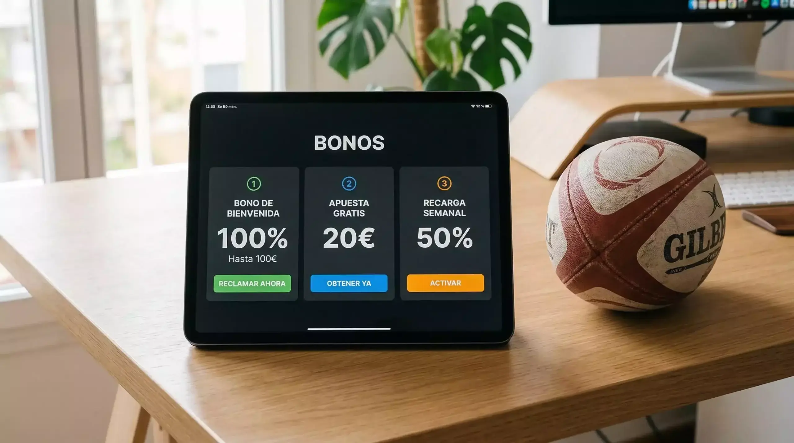 Balón de rugby junto a fichas de bonificación en pantallá
