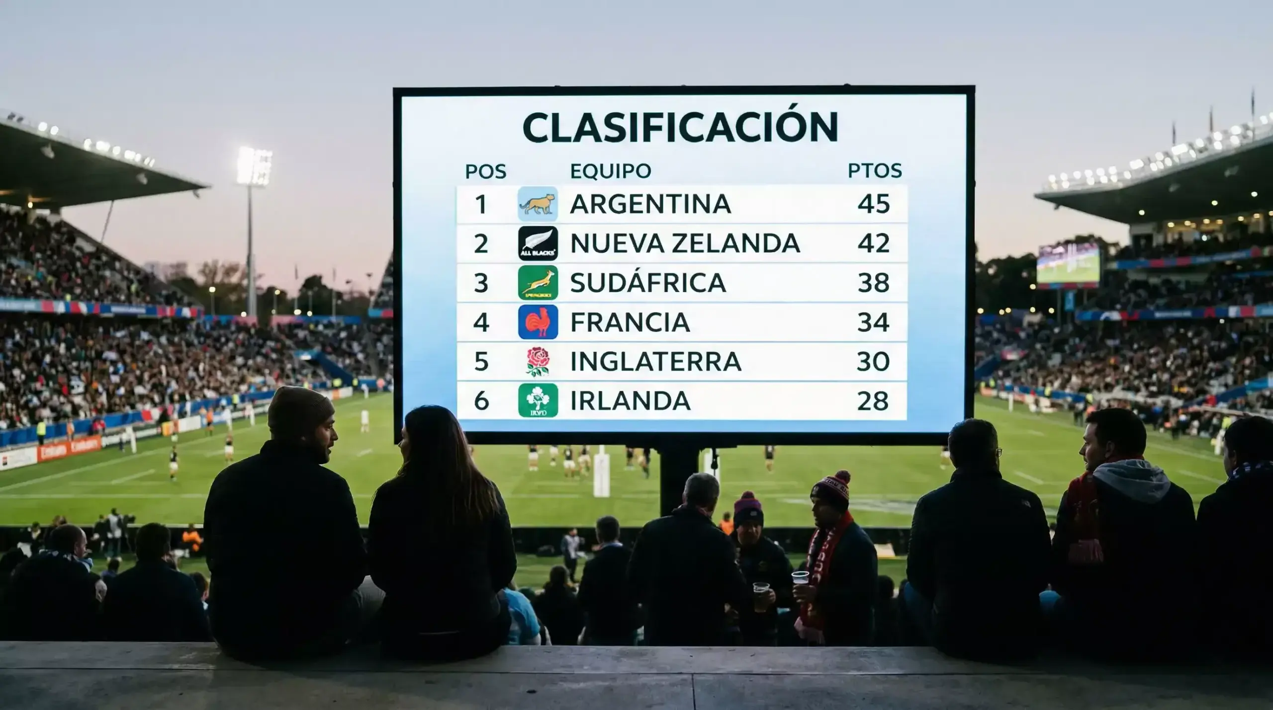 Tabla de clasificación del Six Nations en pantallá de estadio