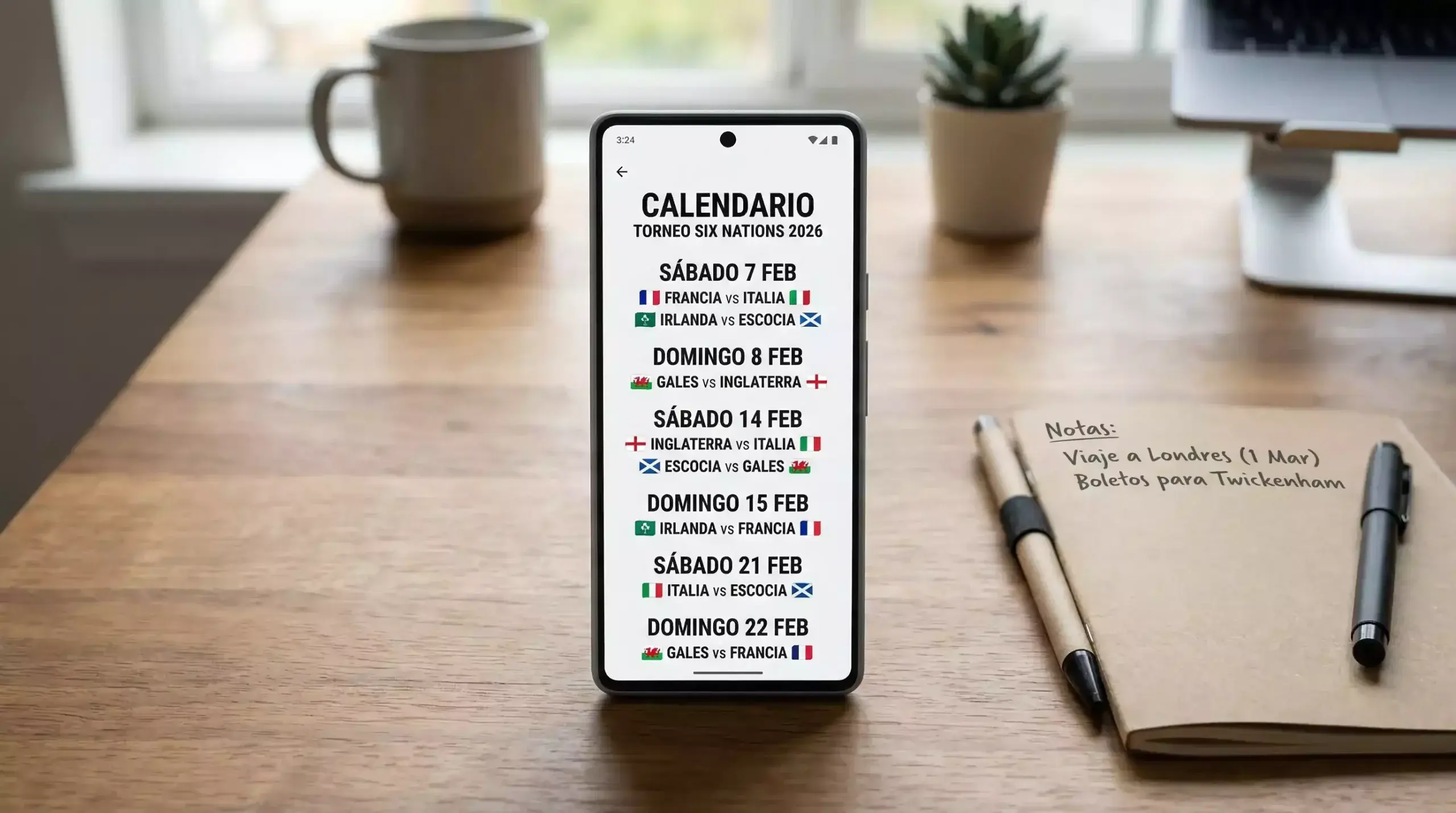 Calendario con fechas del Six Nations 2026 marcadas