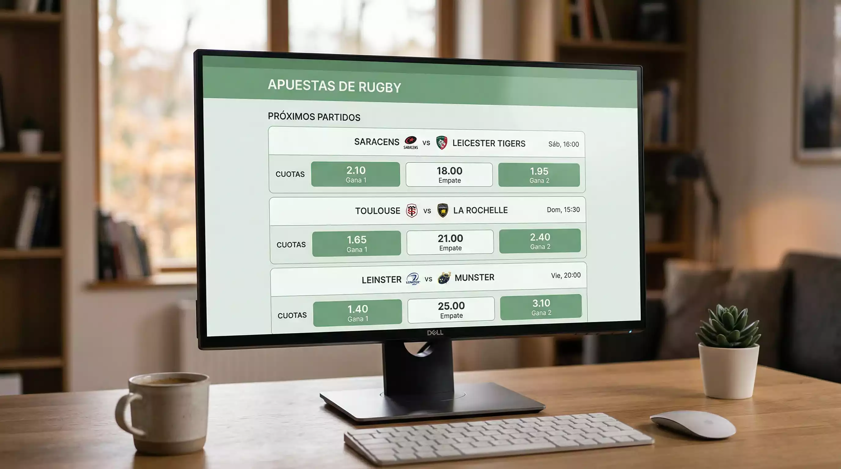 Pantalla mostrando cuotas y mercados de apuestas de rugby union