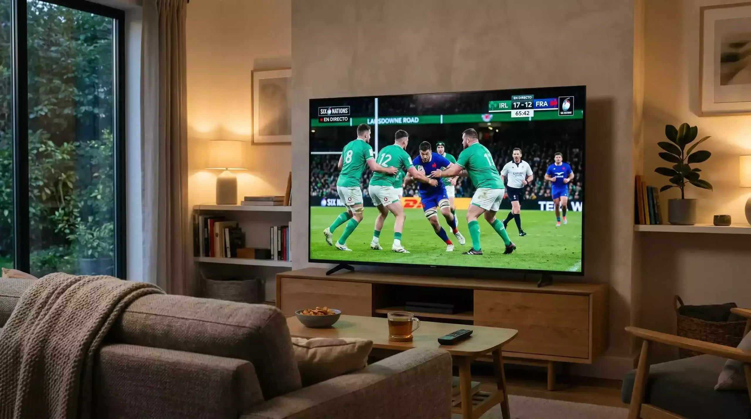 Televisor mostrando partido de rugby del Six Nations