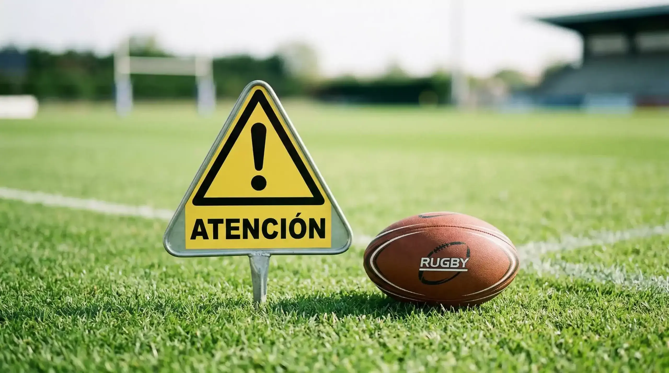 Señal de advertencia junto a balón de rugby sobre césped