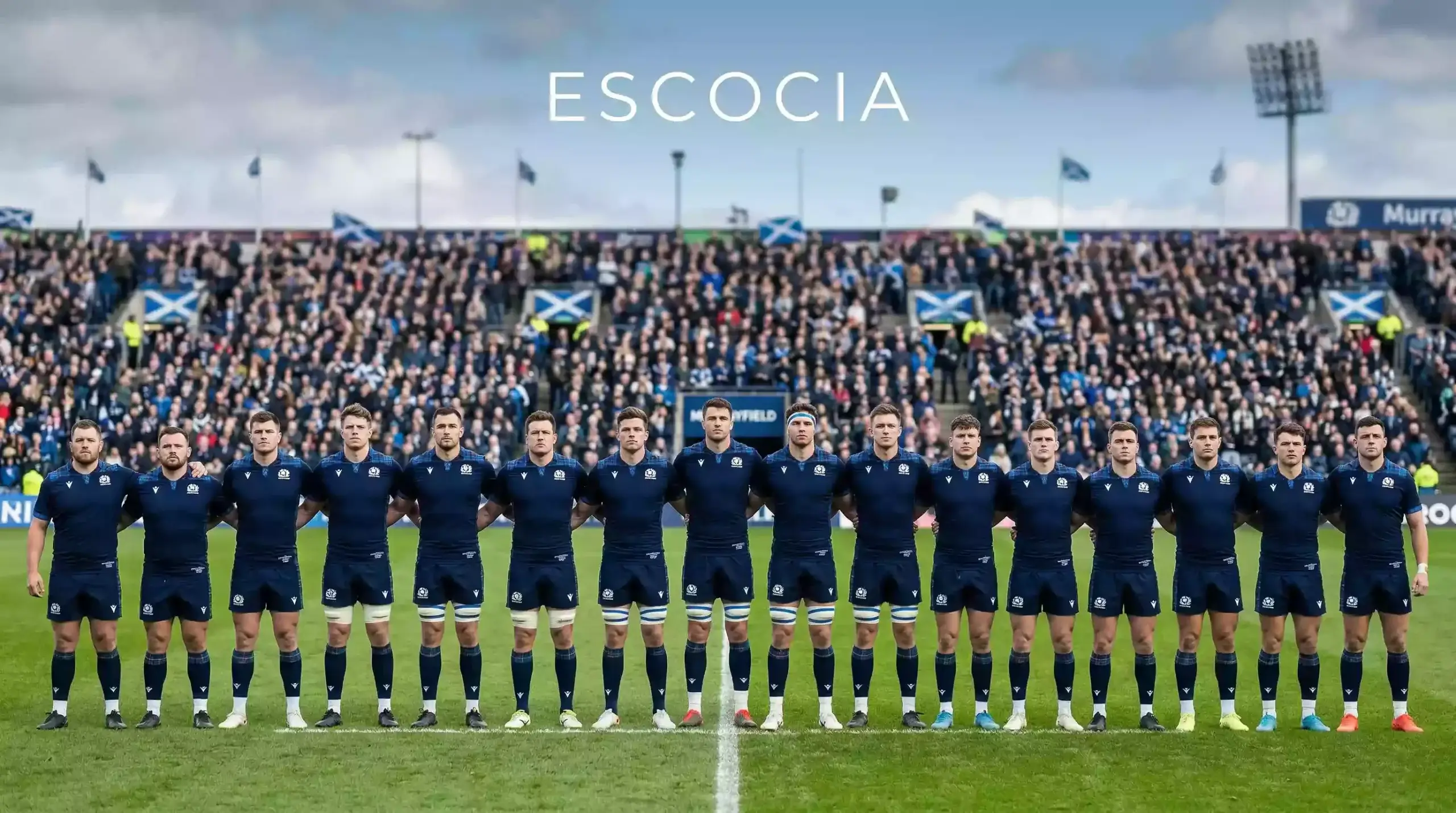 Jugadores escoceses de rugby en formación en Murrayfield