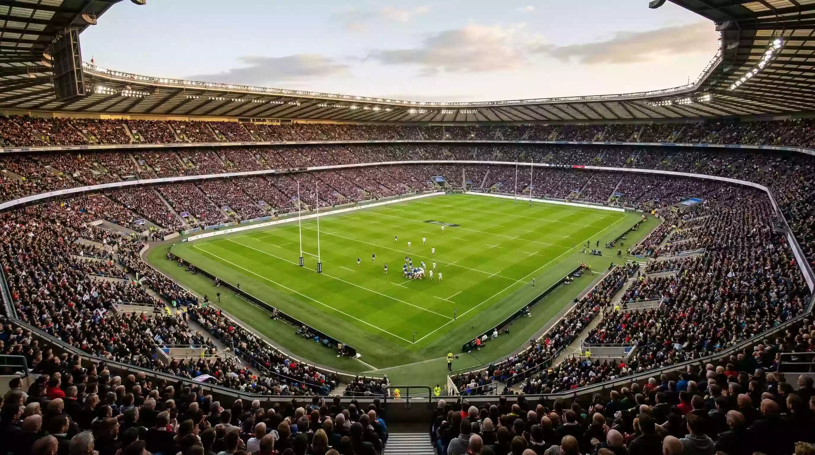 Estadio de rugby durante un partido del Six Nations con gradas llenas de aficionados