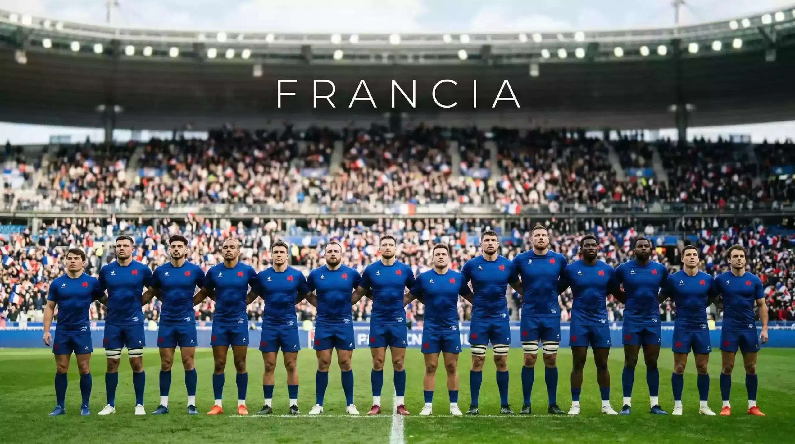 Jugadores de rugby con camiseta azul de Francia en formación