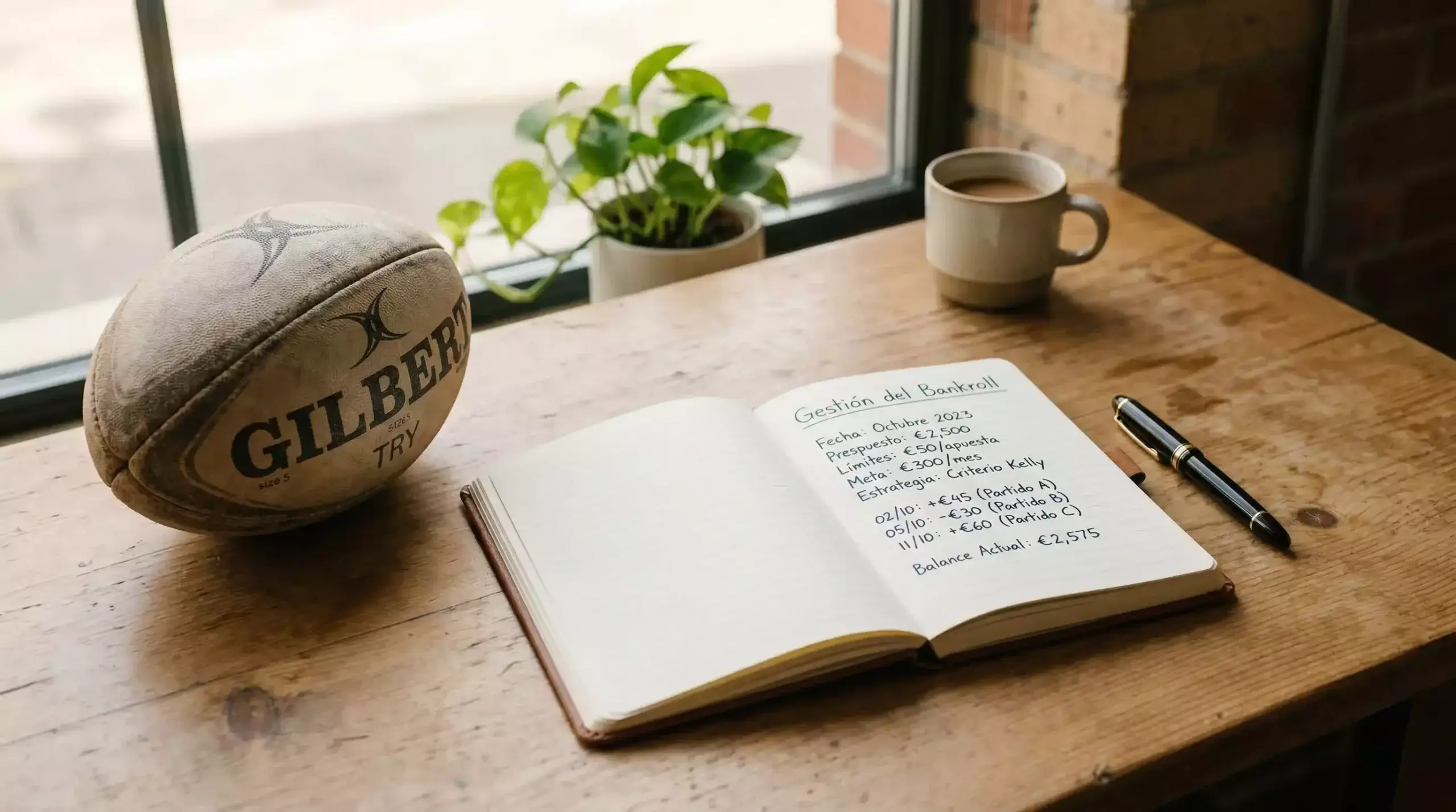 Libreta con cálculos junto a balón de rugby sobre escritorio