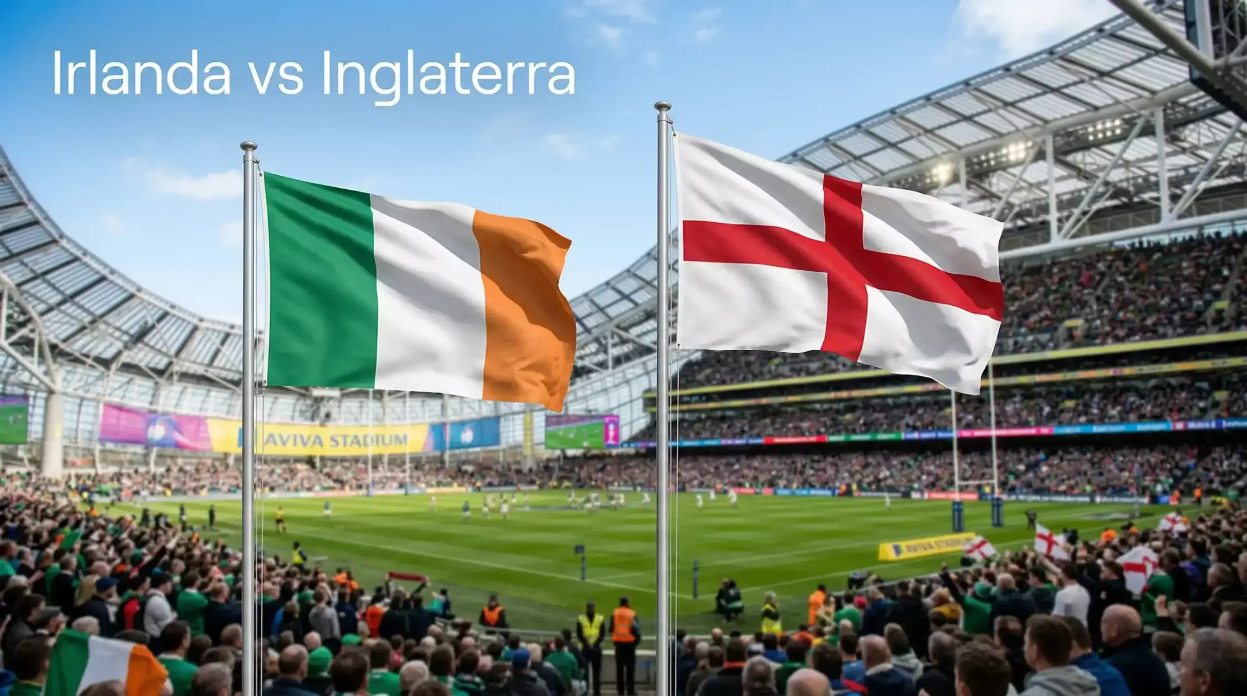 Banderas de Irlanda e Inglaterra ondeando en estadio de rugby