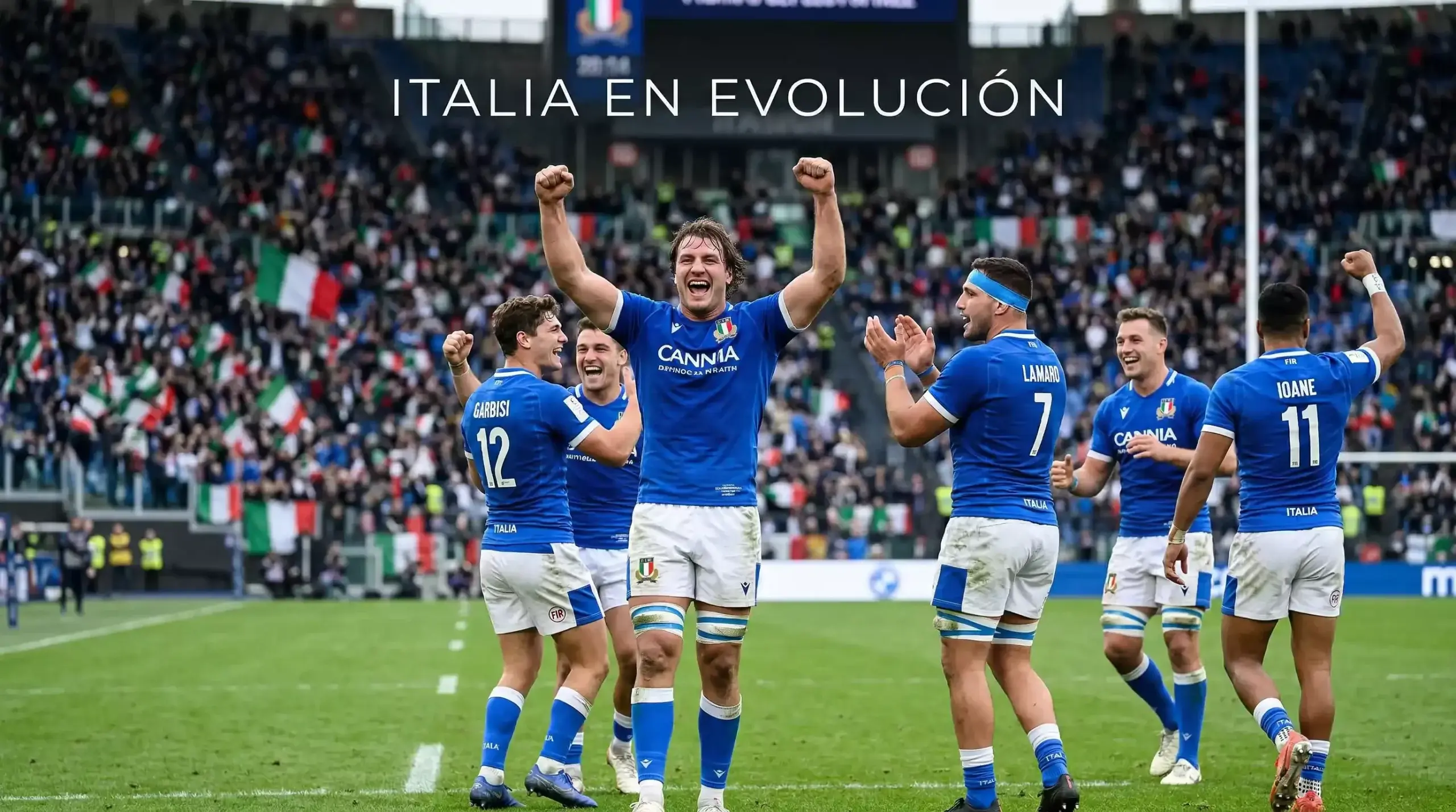 Jugadores italianos de rugby celebrando victoria en estadio