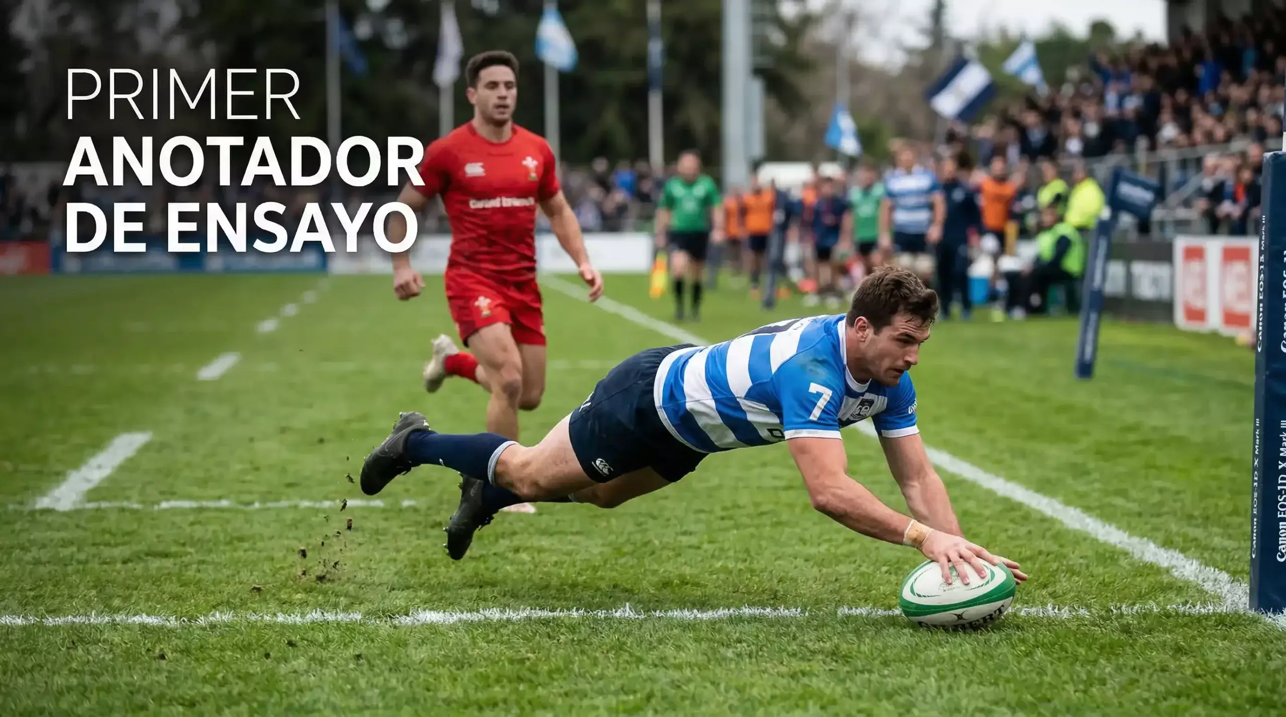 Jugador de rugby apoyando ensayo en zona de marca
