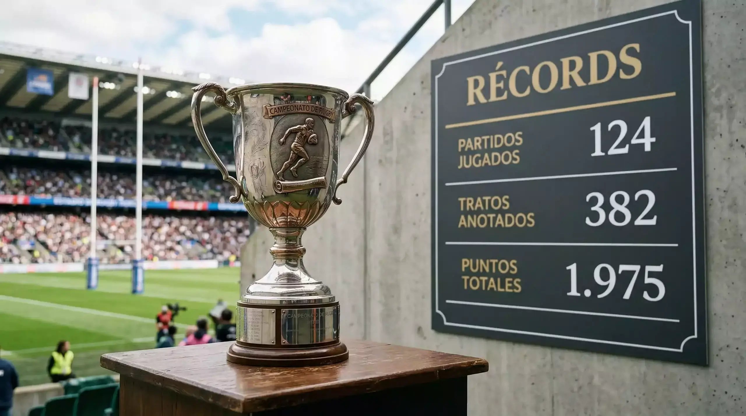 Trofeo del Six Nations con estadísticas en pantallá al fondo