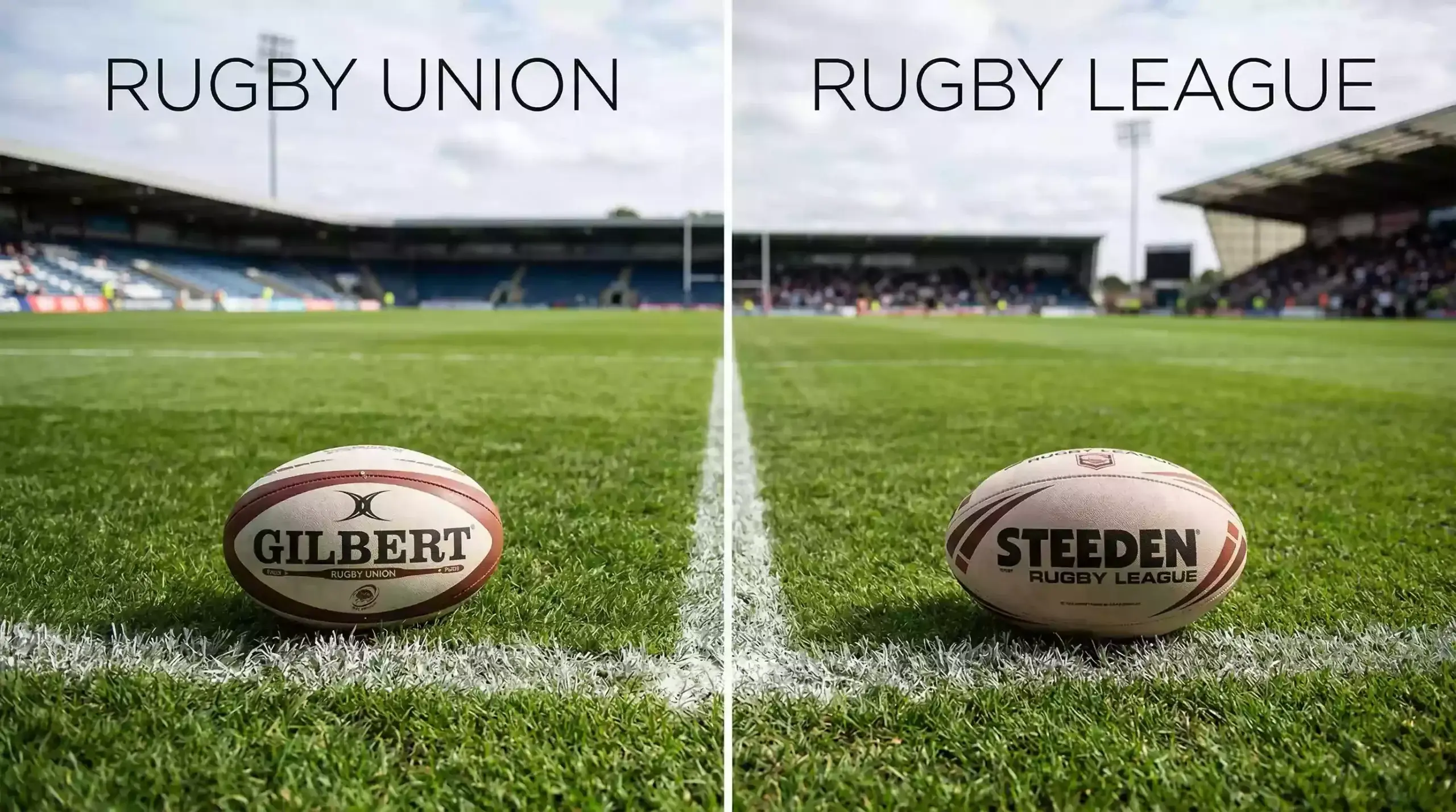 Dos balones de rugby sobre campos de hierba con diferentes líneas