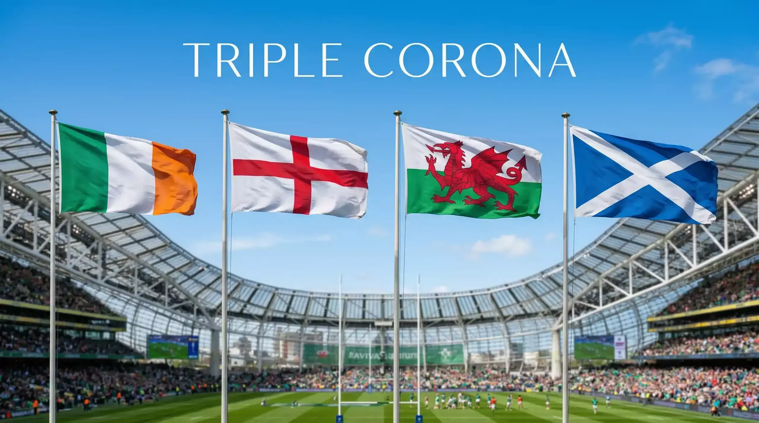 Banderas de Irlanda, Inglaterra, Gales y Escocia en estadio de rugby