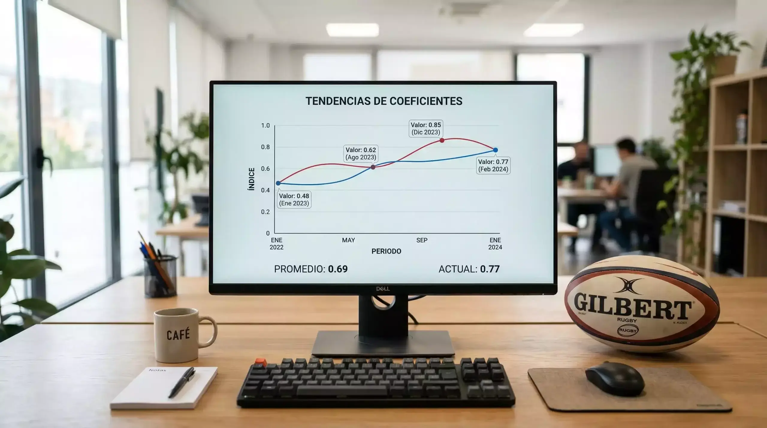 Gráfico de cuotas de apuestas con balón de rugby al fondo