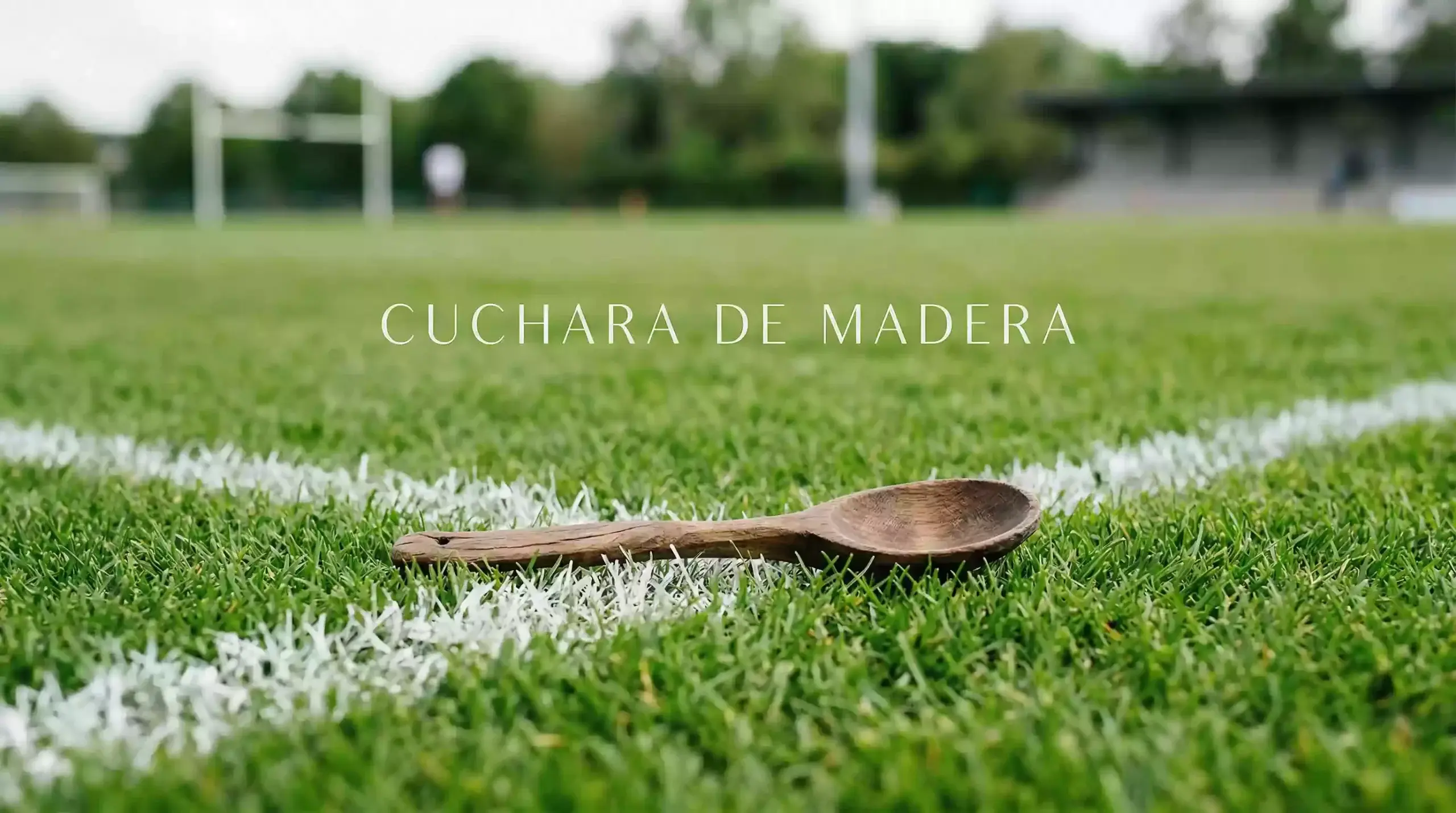 Cuchará de madera decorativa sobre campo de rugby